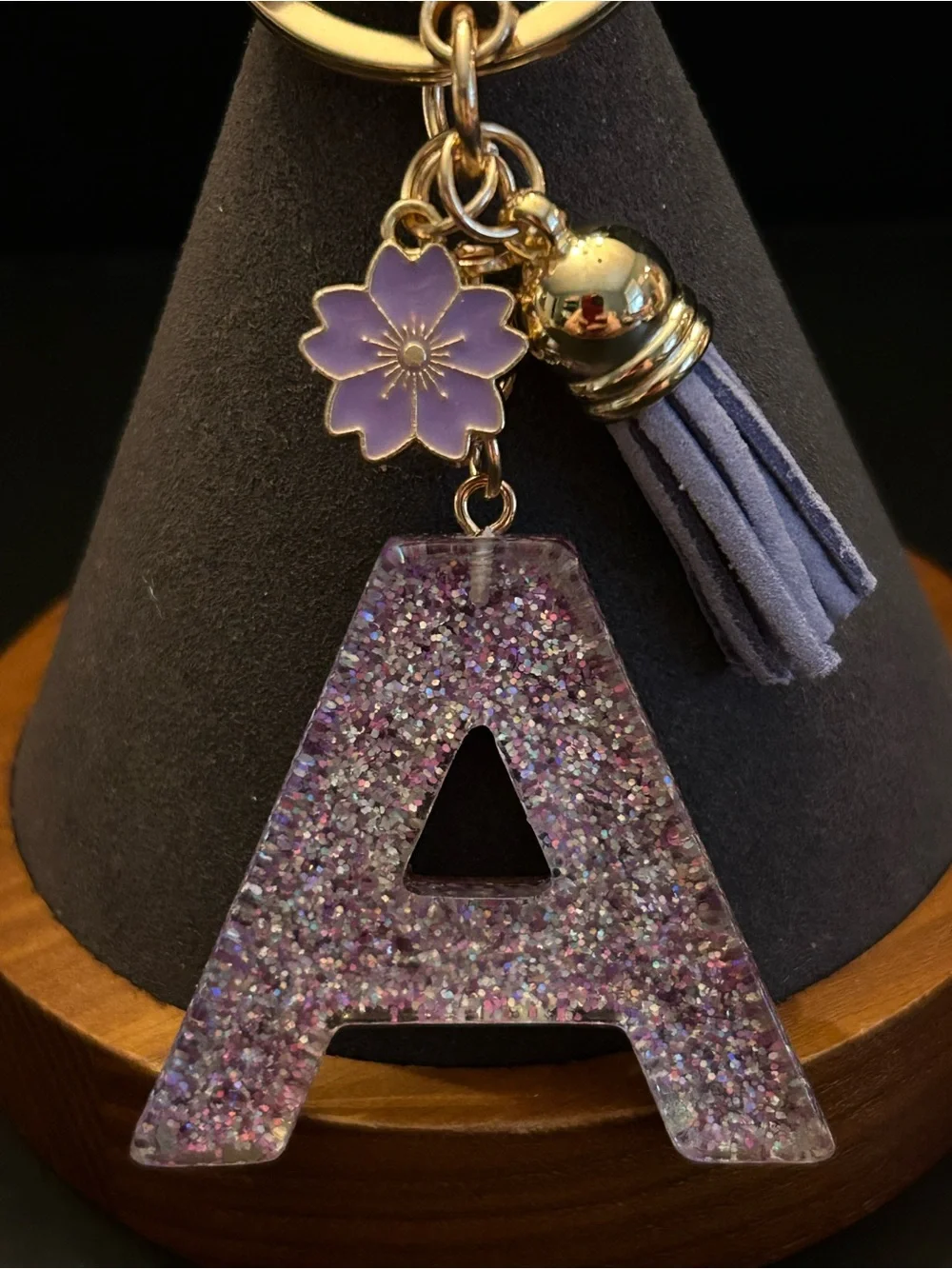 Gold-Tone Key & Card Holder w/Purple Glitter Choice of Initial Charm w/Tassel